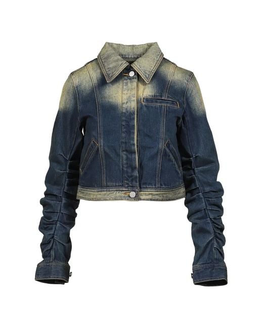 VIVAMUS Blue Bleached Ruched-Sleeve Denim Jacket