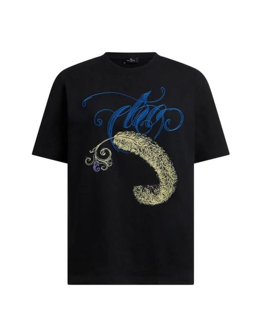 Etro Black Cotton T-Shirt With Logo Embroidery And Feather Print