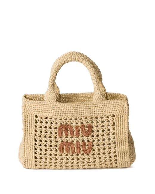 Sac Cabas À Effet Raphia Tressé Miu Miu en coloris Metallic