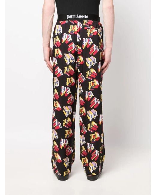 Palm Angels Blue Logo-Print Straight-Leg Trousers for men