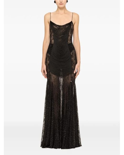 Nissa Black Fringed Lace Maxi Dress