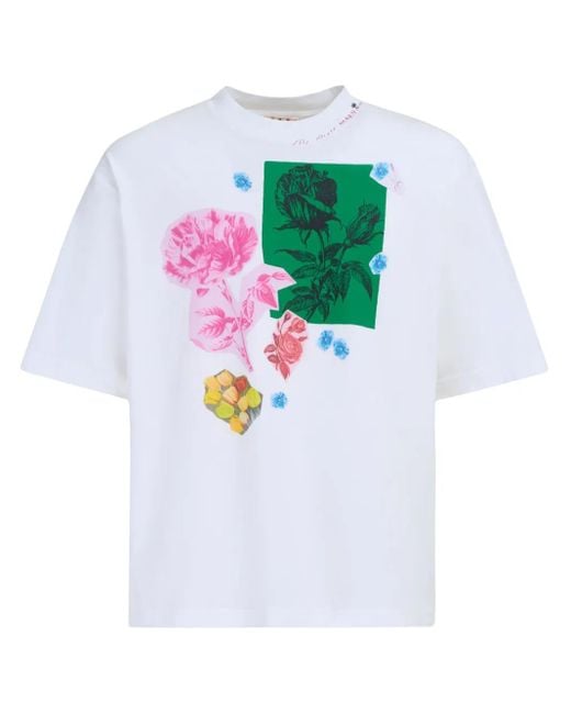 Marni White Floral-Print Cotton T-Shirt for men