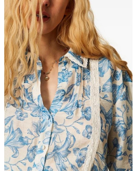 Twinset Blue Floral-Pattern Laced Shirt