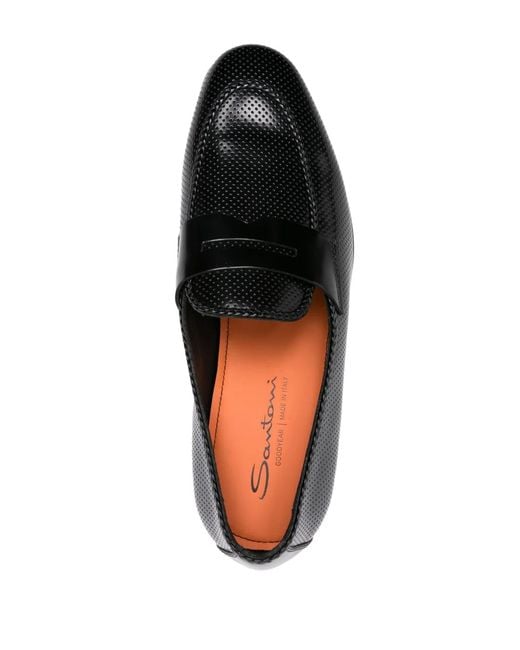 Santoni Black Perforated Leather Penny Loafers for men