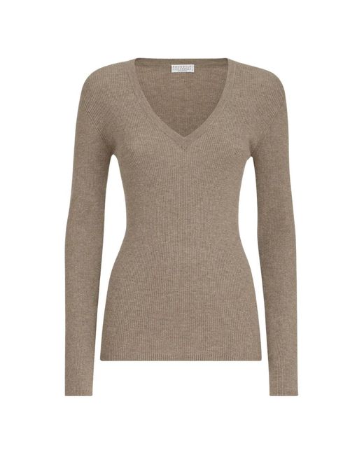 Brunello Cucinelli Gray Sparkling Cashmere Ribbed Sweater