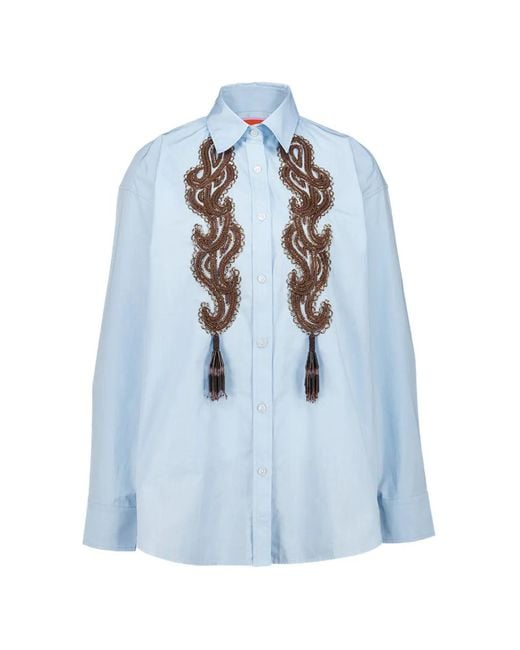 LaDoubleJ Blue Peony Placéee Embroidered Cotton Shirt