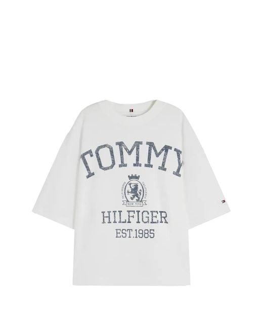 Tommy Hilfiger White Crest Logo-Print Drop-Shoulder T-Shirt