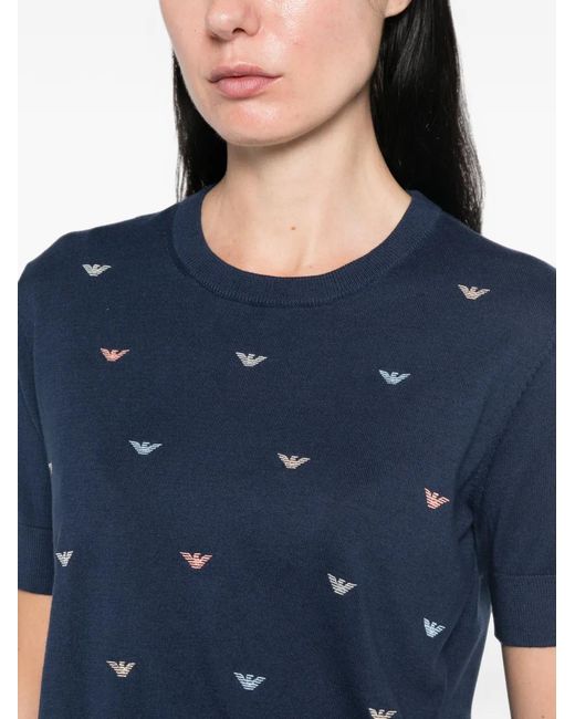 Emporio Armani Blue Logo-Embroidered Short-Sleeve Sweater