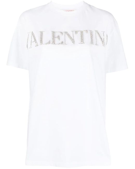 Valentino Garavani White Crystal-Logo Cotton T-Shirt
