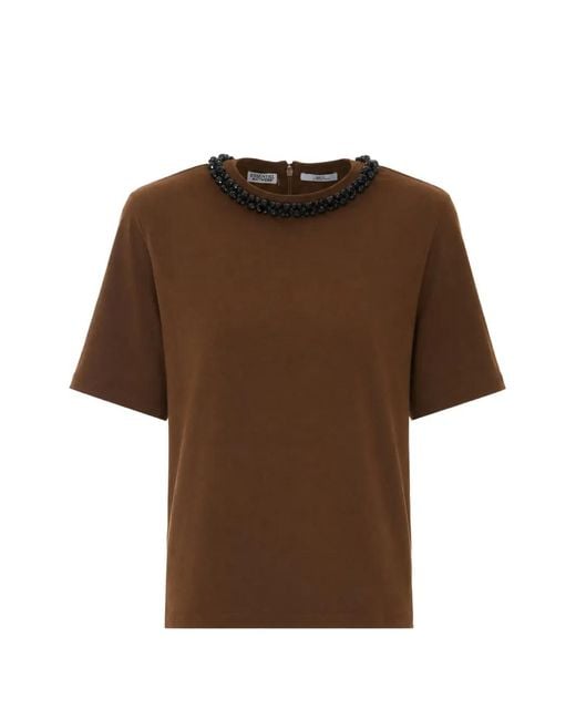 Essentiel Antwerp Brown Crystal-Embellished Padded-Shoulder T-Shirt