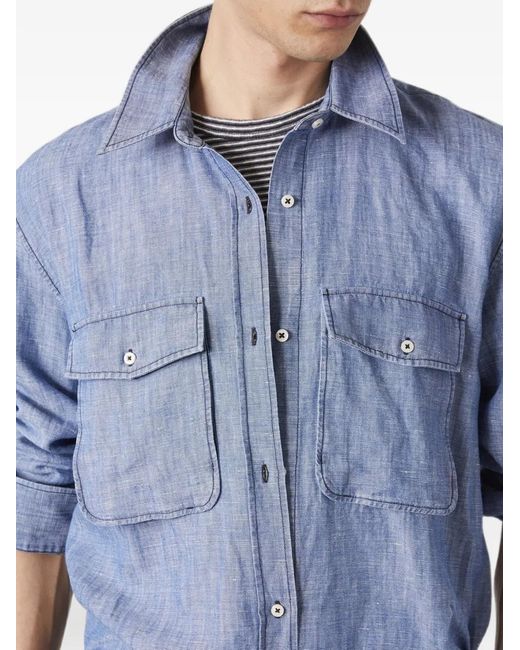 Officine Generale Blue Button-Up Chest-Pocket Shirt for men