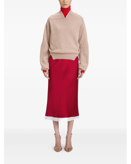 Victoria Beckham Red Lace Trim Slip Midi Skirt