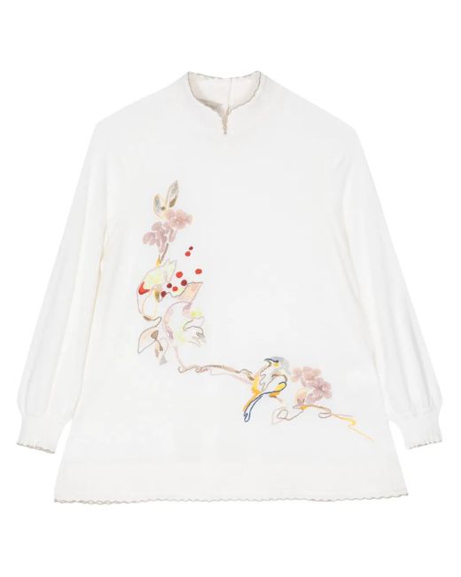 Shiatzy Chen White Floral-Embroidered Split-Neck Jumper