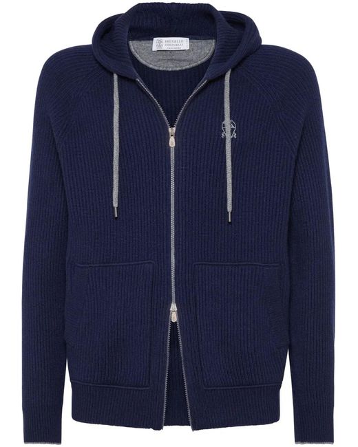 Brunello Cucinelli Blue Cashmere Hoodie for men