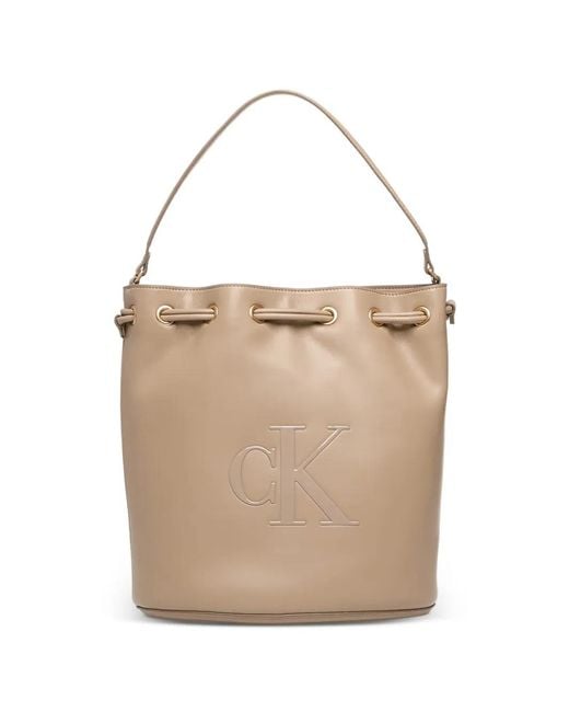 Calvin Klein Natural Large Debossed-Logo Drawstring Bucket Bag