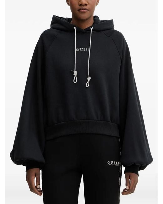 Guess Black Rhinestone-Embellished Raglan-Sleeve Hoodie