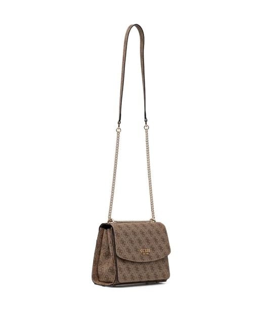 Guess Brown Monogram-Pattern Chain Satchel Bag