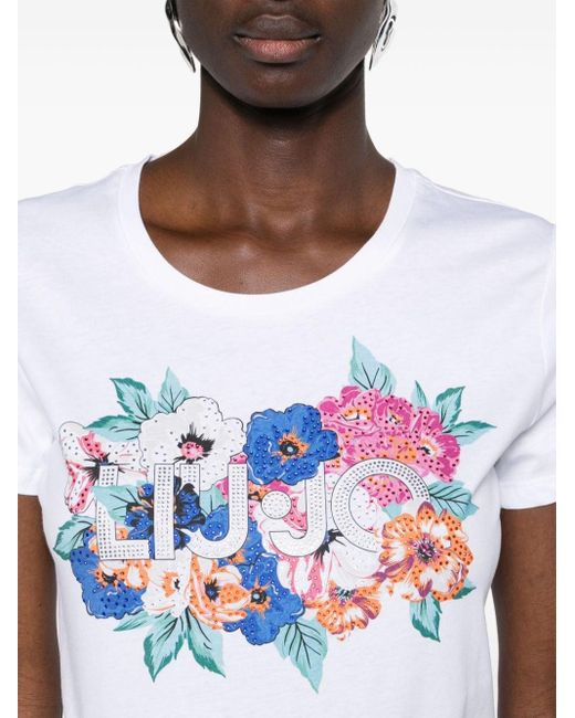 Liu Jo White Floral Logo-print Cotton T-shirt