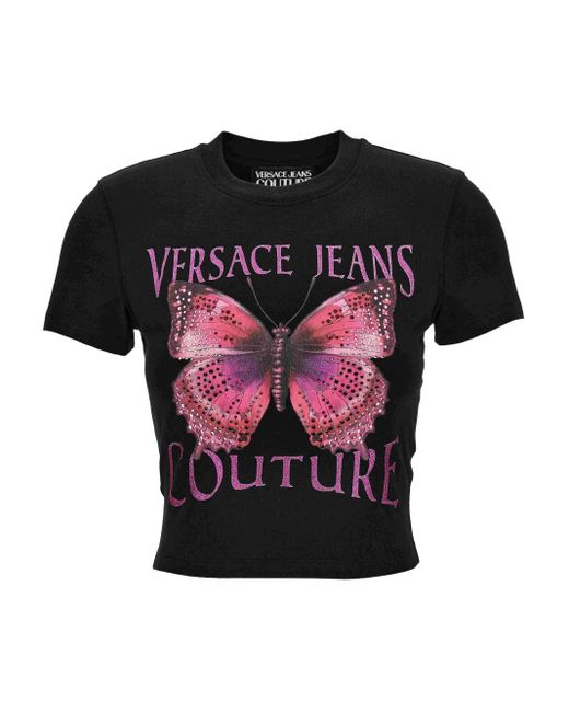 Versace Jeans Couture Black Butterfly-Embellished Cropped Top
