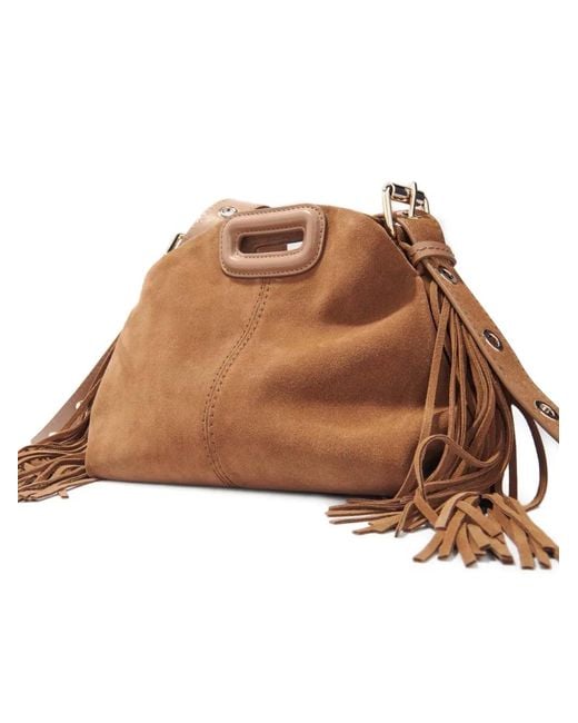 Maje Brown Mini Miss M Fringe-Detail Shoulder Bag