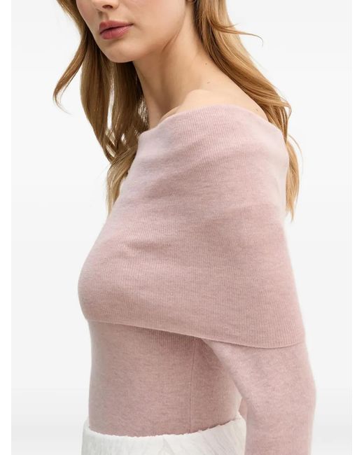 Pedro Del Hierro Madrid Pink Off-Shoulder Feather-Cuff Sweater