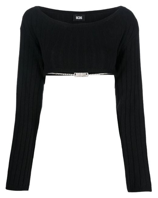 Gcds Black Logo-Chain Cropped Knitted Top