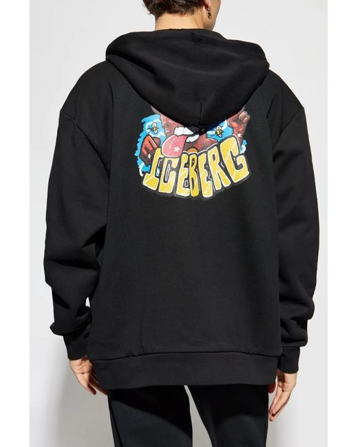 Iceberg Black Logo-Embroidered Cotton Hoodie for men