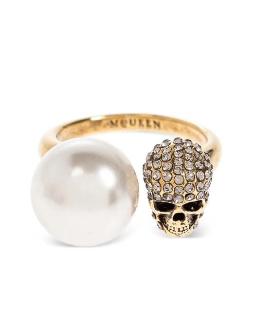 Alexander McQueen White Pearl-Embellished Skull Ring