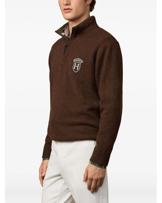 Hackett Brown Logo-Patch Quarter-Zip Sweater for men