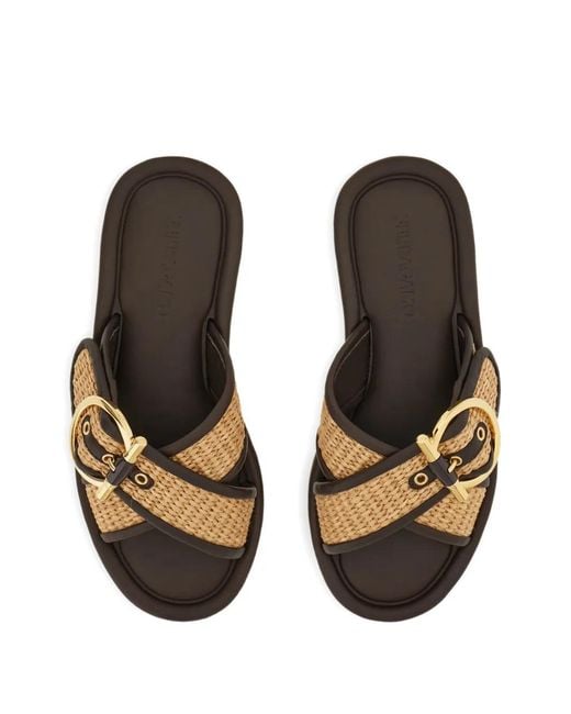Ferragamo Brown Double Strap Gancini Ornament Slides