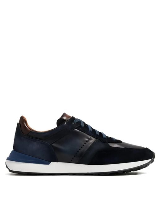 Magnanni Shoes Blue Suede Leather-Panel Sneakers for men