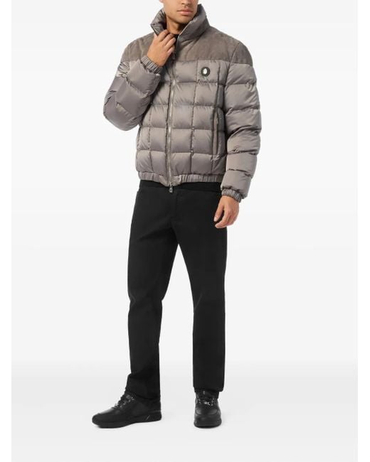 Billionaire Gray Quilted Suede-Panel Puffer Jacket for men