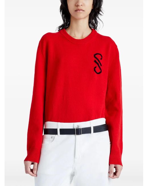 Proenza Schouler Red Intarsia Knit-Logo Merino-Wool Jumper