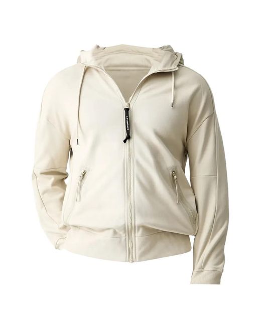 C P Company White Diagonal Raised Fleece Lens Hooded Sweatshirt for men