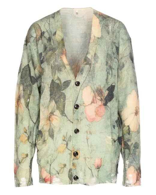 R13 Green Floral-Print Distressed Cardigan