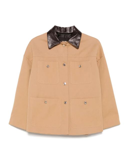 Maje Leather-collar Cotton Jacket Natural