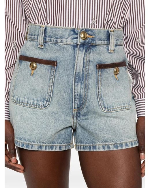 Sandro Blue Leather-Trim Patch-Pocket Shorts