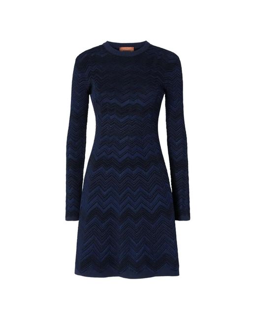 Missoni Blue Zig Zag Viscose And Wool Crewneck Dress