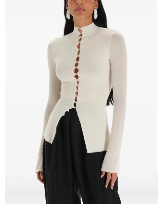 MANURI White Leyla Embellished-Button Flared-Sleeve Blouse