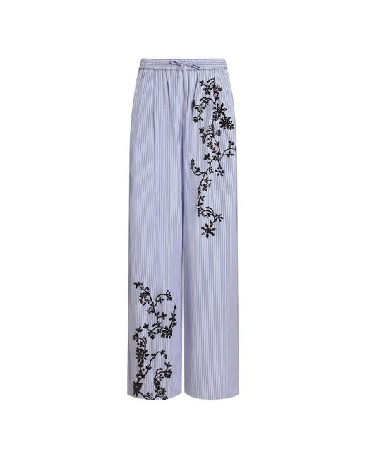 Dolce & Gabbana Blue Striped Poplin Trousers With Flowers Embroidery