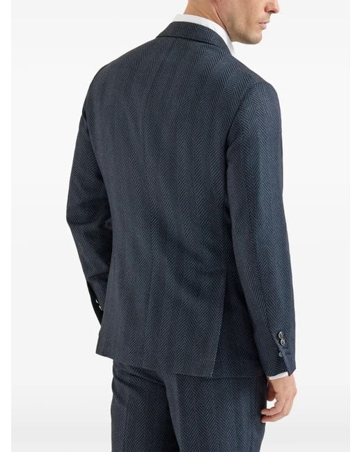 Brunello Cucinelli Blue Cashmere And Silk Chevron Flannel One-And-A-Half Breasted Deconstructed Blazer With Metal Buttons for men