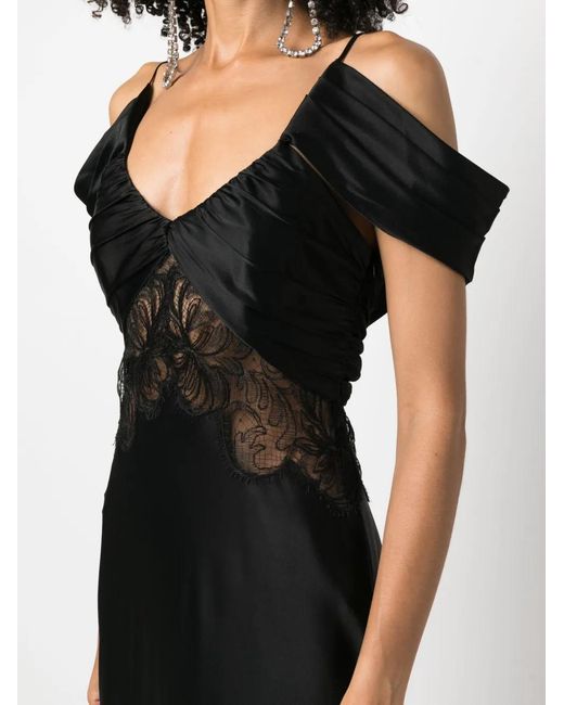 Alberta Ferretti Black Off-Shoulder Lace-Panel Satin Gown
