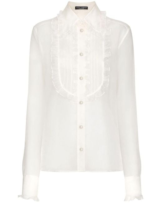 Dolce & Gabbana White Ruffled Sheer Cotton Blouse