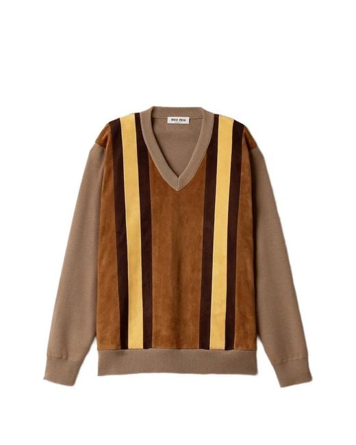 Miu Miu Brown Striped V-Neck Sweater for men