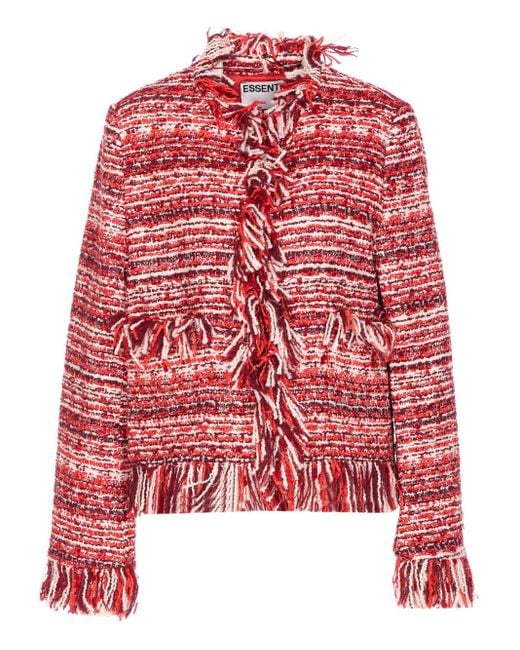 Essentiel Antwerp Red Fringed-Trim Tweed Jacket