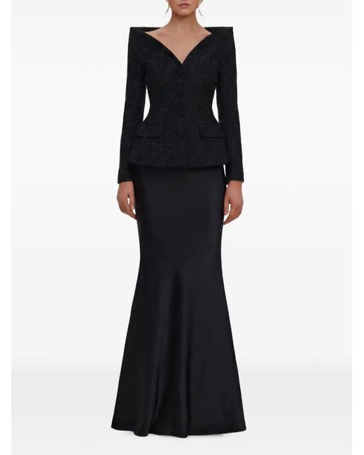Self-Portrait Black Metallic Bouclé Satin Maxi Dress