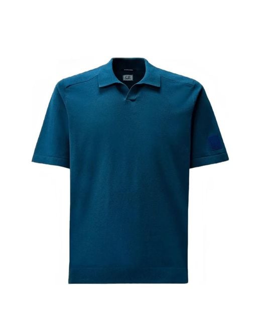 C P Company Blue Metropolis Series Logo-Patch Polo Sweater for men