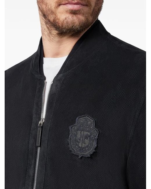 Billionaire Black Crest-Patch Leather Jacket for men