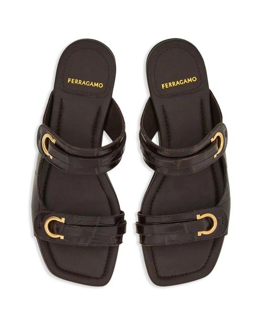 Ferragamo Black Gancini-Plaque Leather Slides