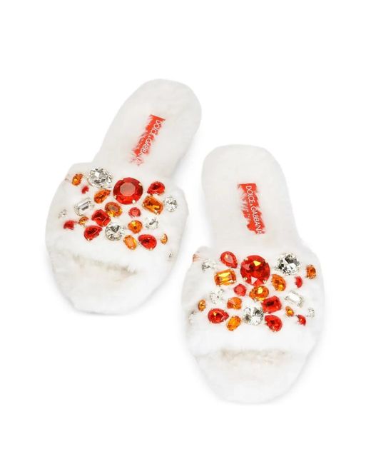 Dolce & Gabbana White Flat Faux-Fur Slippers
